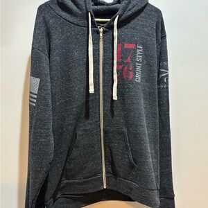 Grunt Style Gray Zip-Up Hoodie with Red and White Accents 1776 Made in the USA